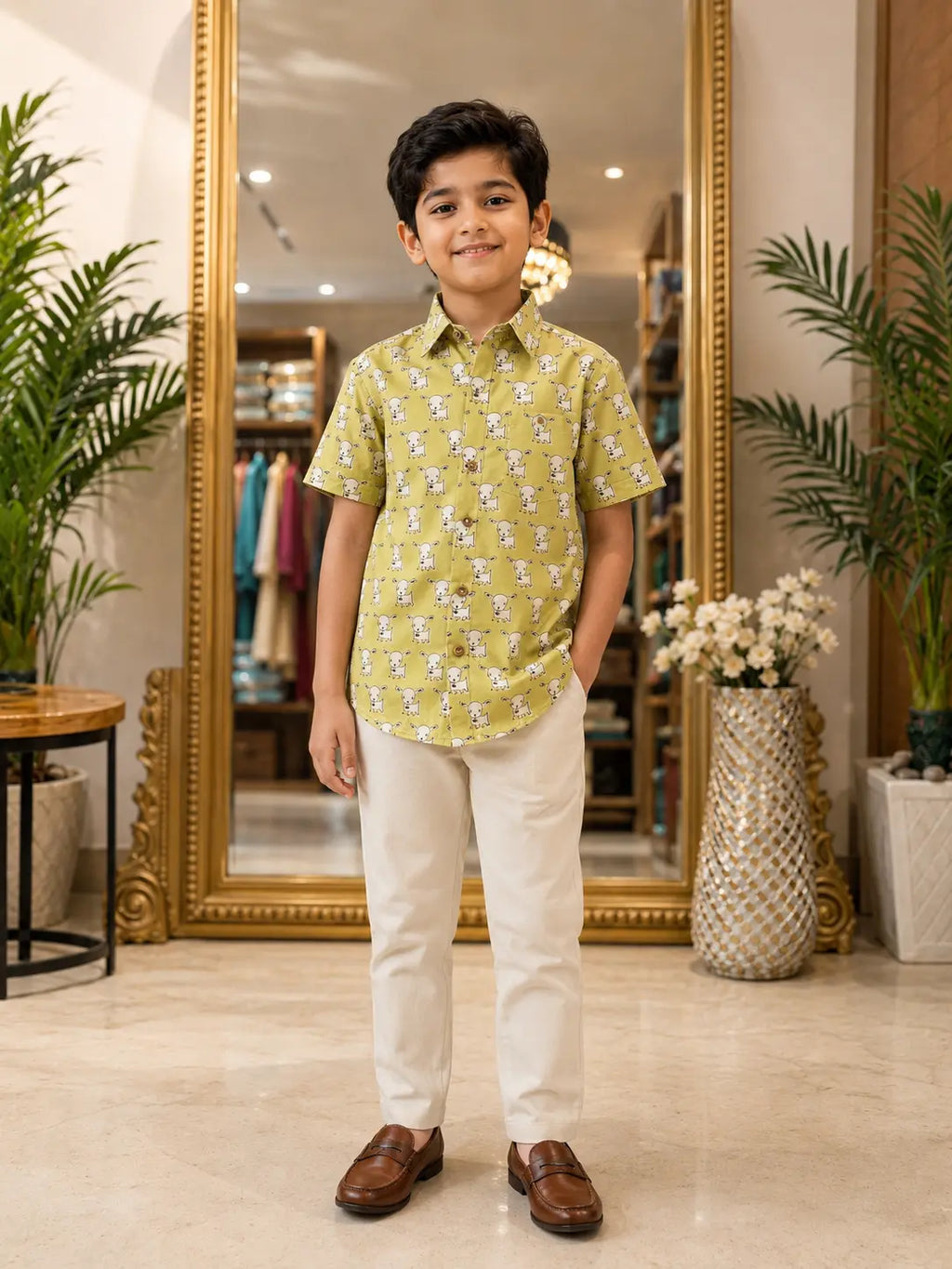 Boy wearing olive green puppy print short sleeve shirt with ivory trousers and brown loafers
