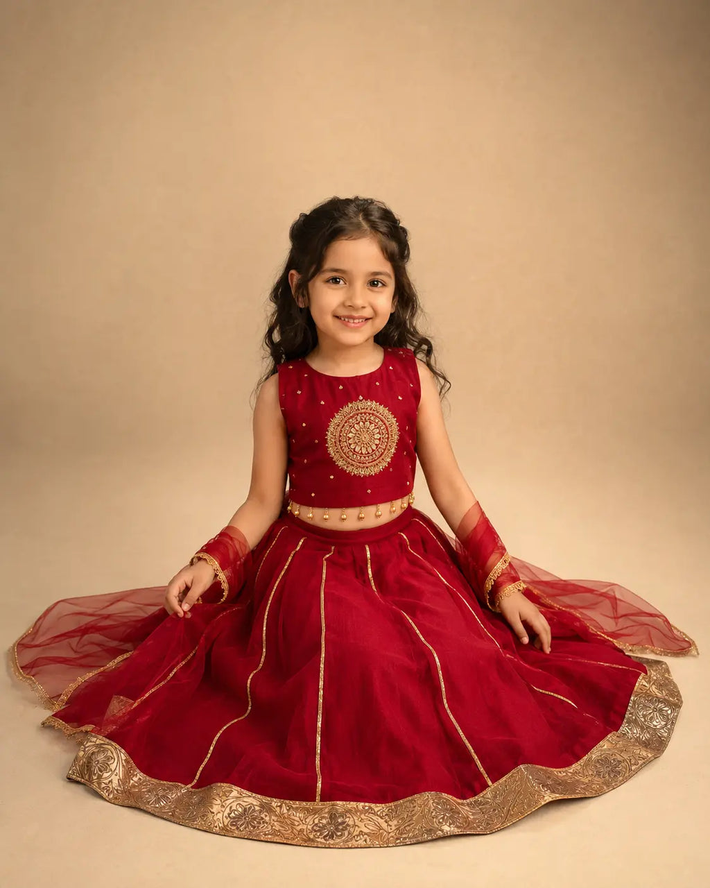 Red girls lehenga set with handwork and Rajasthani Gota work in Mul fabric