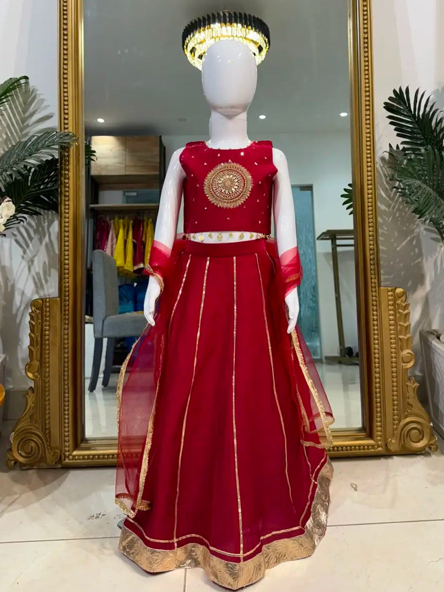 Red girls lehenga set with handwork and Rajasthani Gota work in Mul fabric