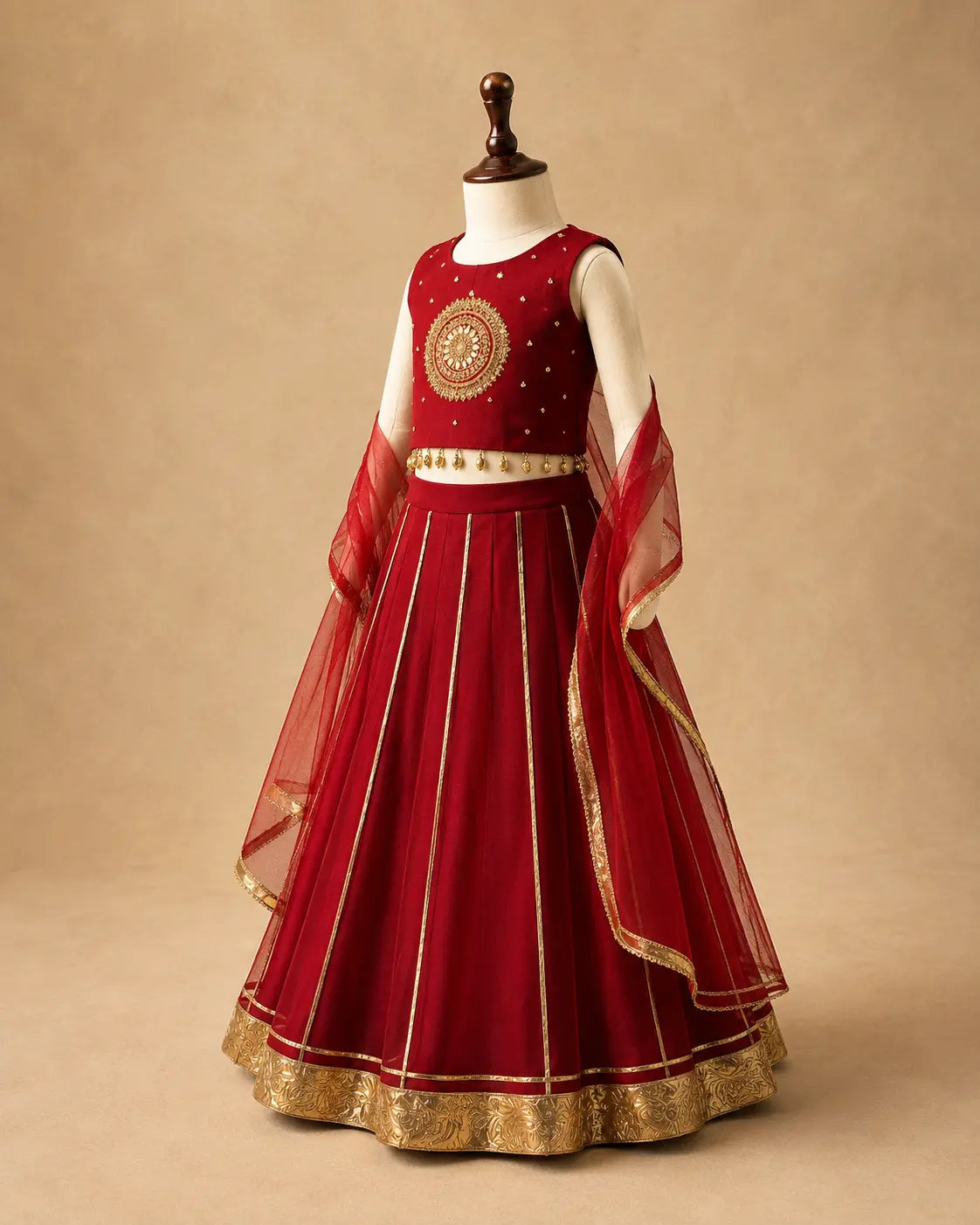 Red girls lehenga set with handwork and Rajasthani Gota work in Mul fabric