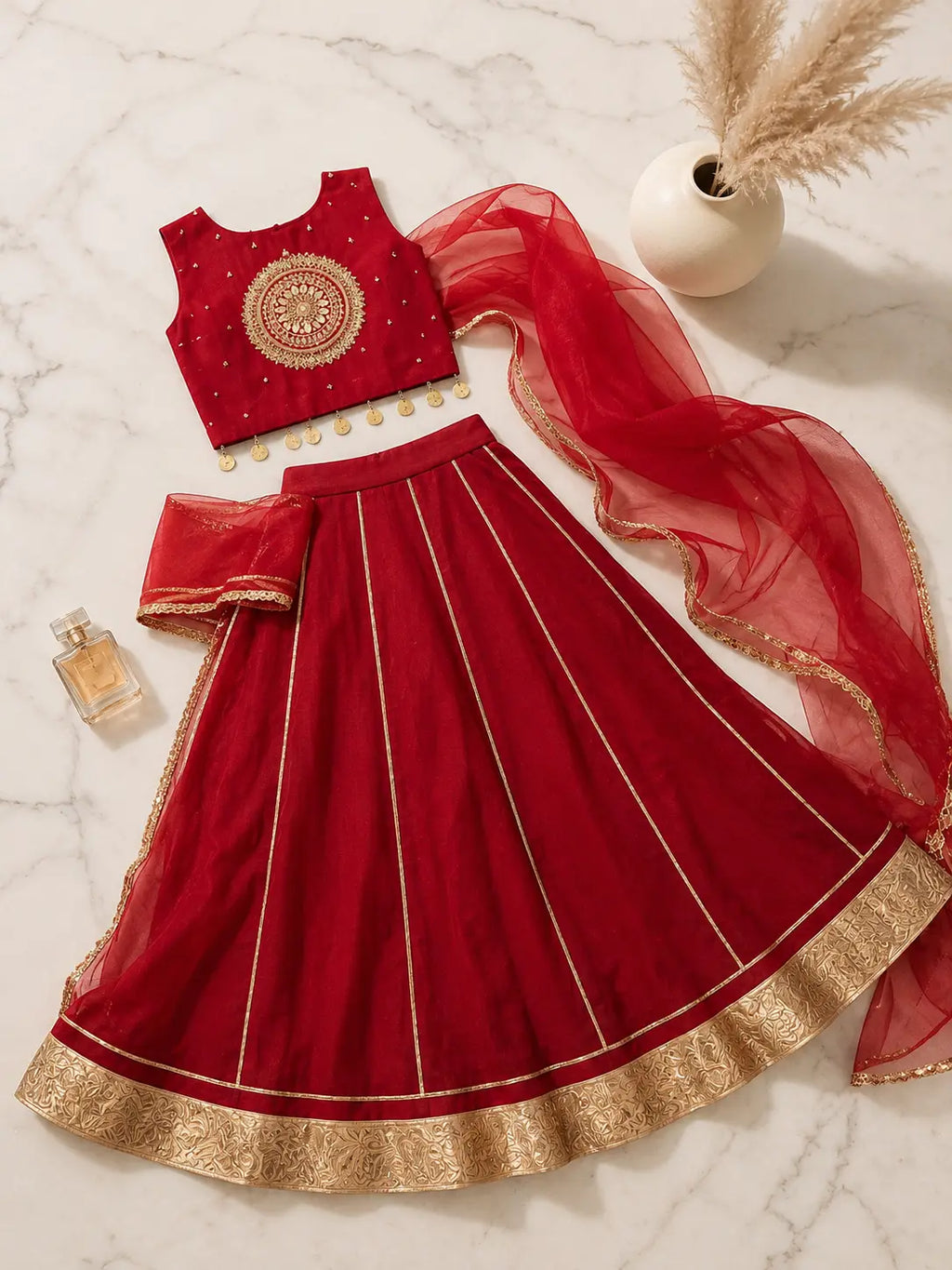 Red girls lehenga set with handwork and Rajasthani Gota work in Mul fabric