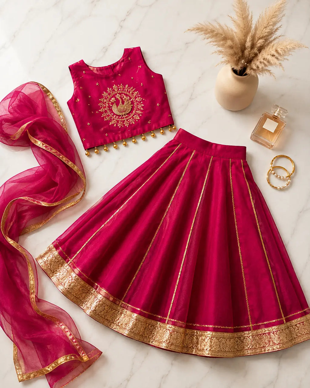 Rani pink embroidered girls lehenga set with dupatta and gold detailing