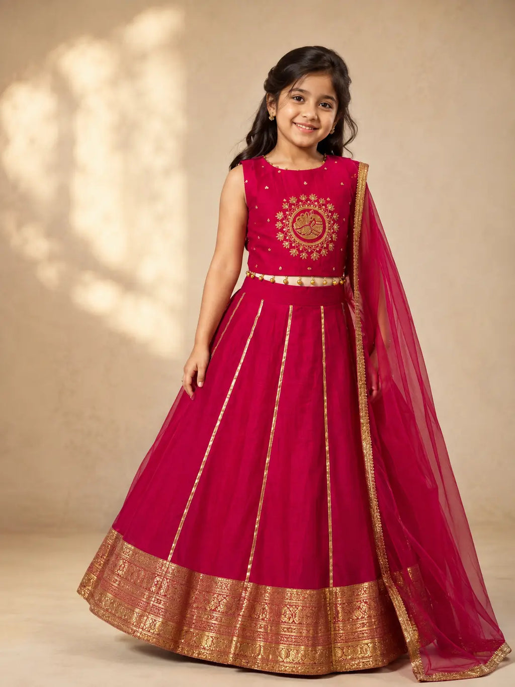 Rani pink embroidered girls lehenga set with dupatta and gold detailing