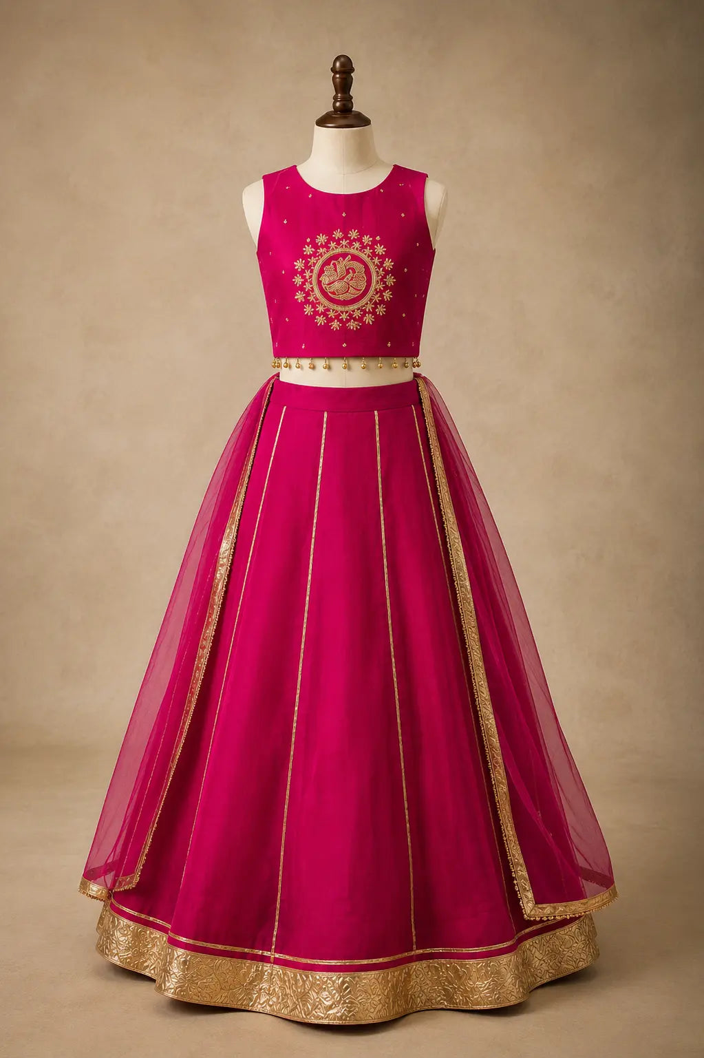Rani pink embroidered girls lehenga set with dupatta and gold detailing