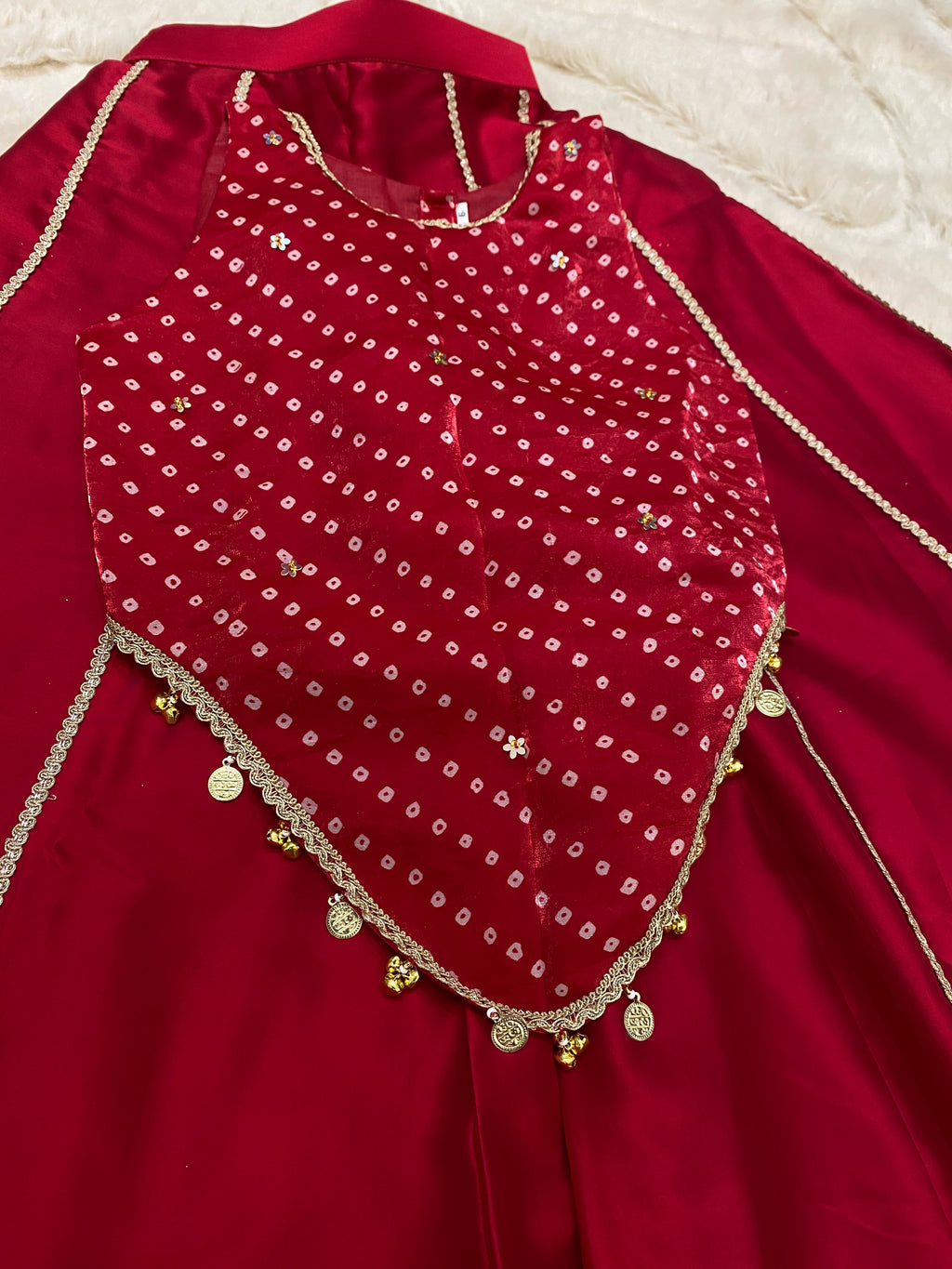 Red Bandhani Indo-Western set for girls with golden detailing