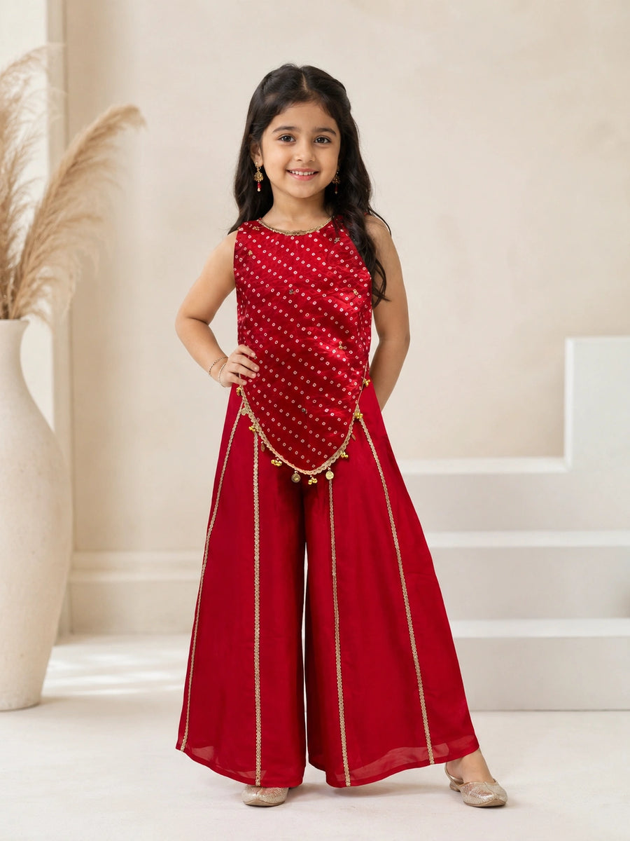 Red Bandhani Indo-Western set for girls with golden detailing
