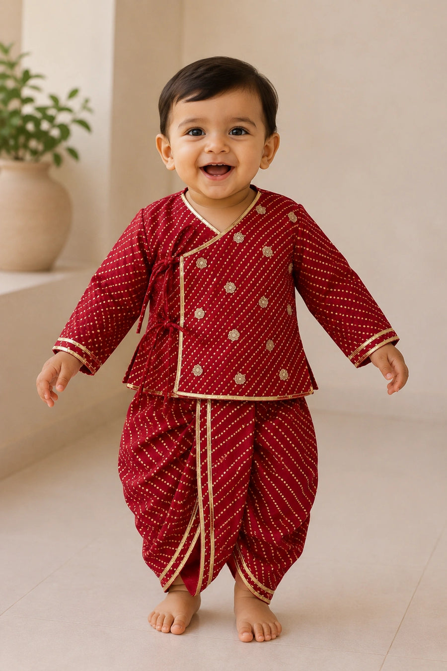 Red dhoti kurta set for baby boys, featuring a charming kurta with golden detailing and dotted pattern.