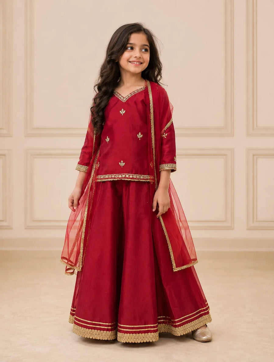 Young girl in a Royal red embroidered lehenga set with intricate gold embroidery, perfect for festivals and celebrations.