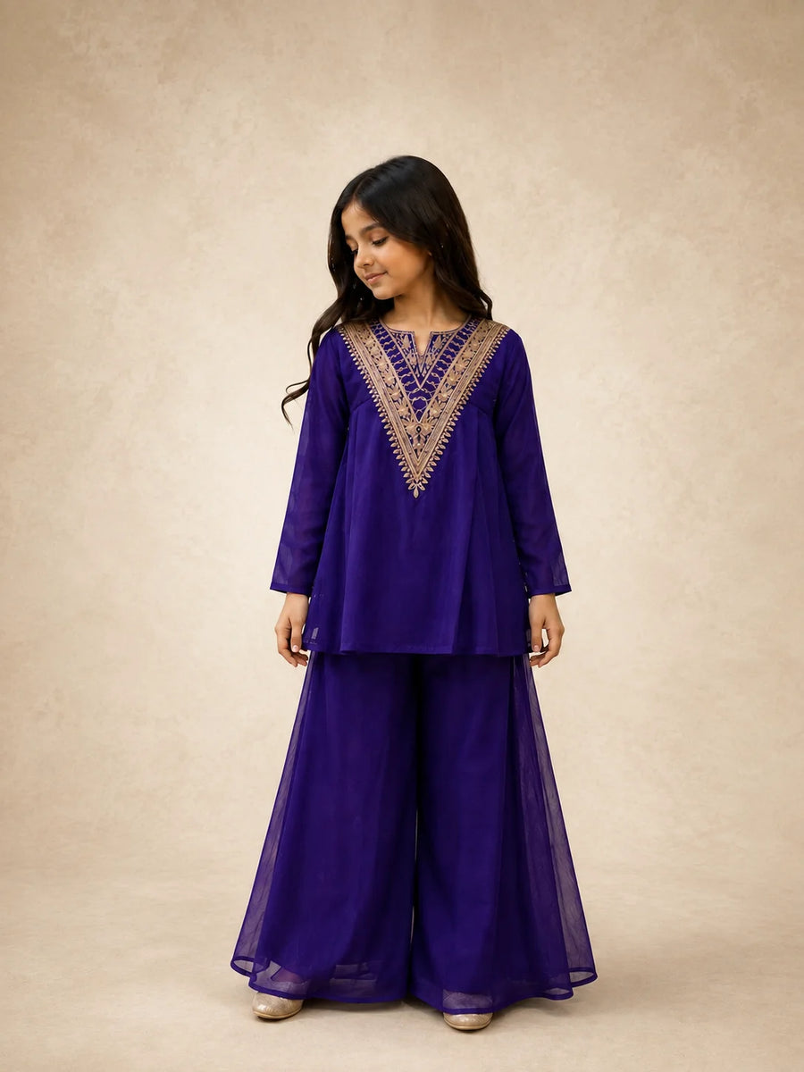 Royal Purple Embroidered Indo-Western Kurta Palazzo Set for Girls