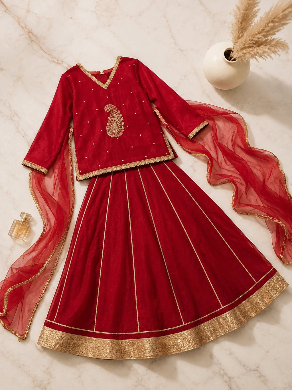 Red embroidered girls lehenga set with kurti and sheer dupatta