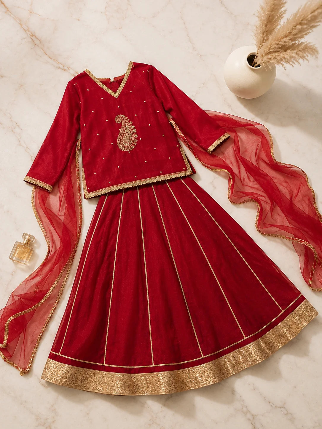 Red embroidered girls lehenga set with kurti and sheer dupatta