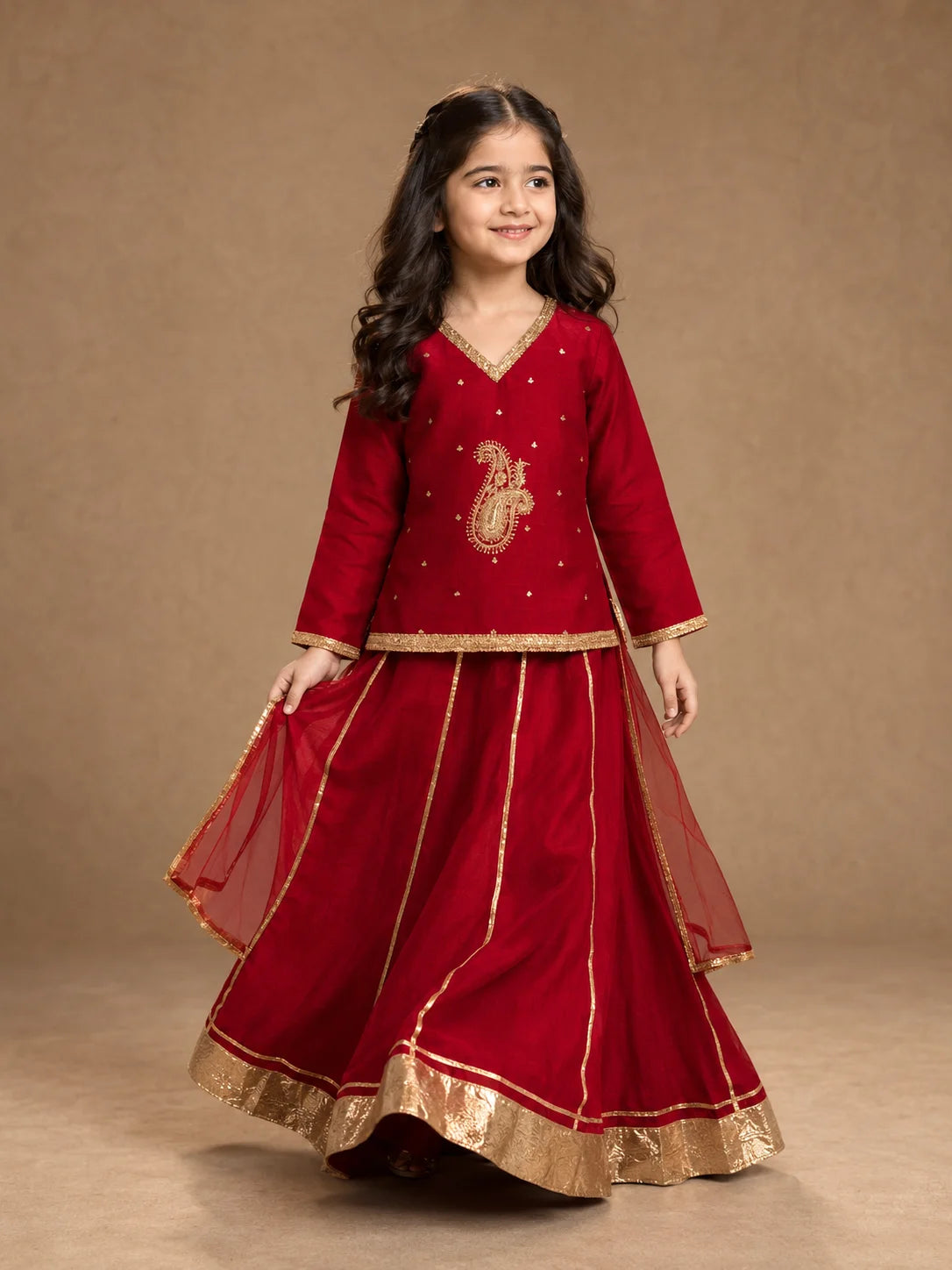 Red embroidered girls lehenga set with kurti and sheer dupatta