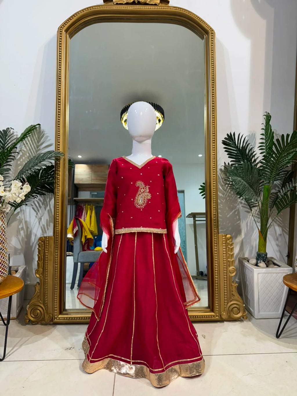 Red embroidered girls lehenga set with kurti and sheer dupatta