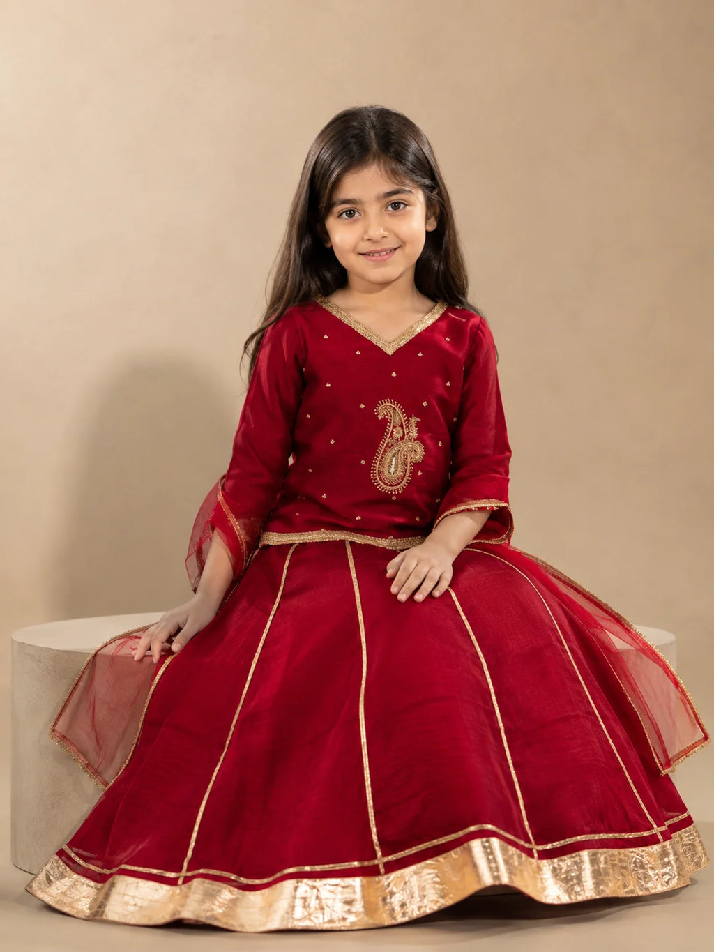 Red embroidered girls lehenga set with kurti and sheer dupatta