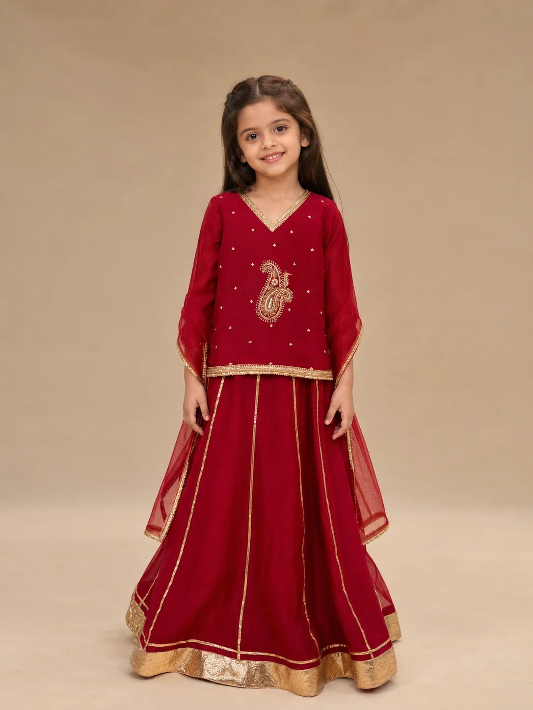 Red embroidered girls lehenga set with kurti and sheer dupatta
