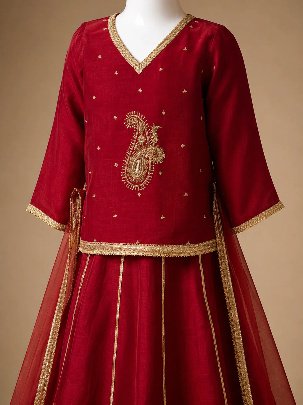 Red embroidered girls lehenga set with kurti and sheer dupatta