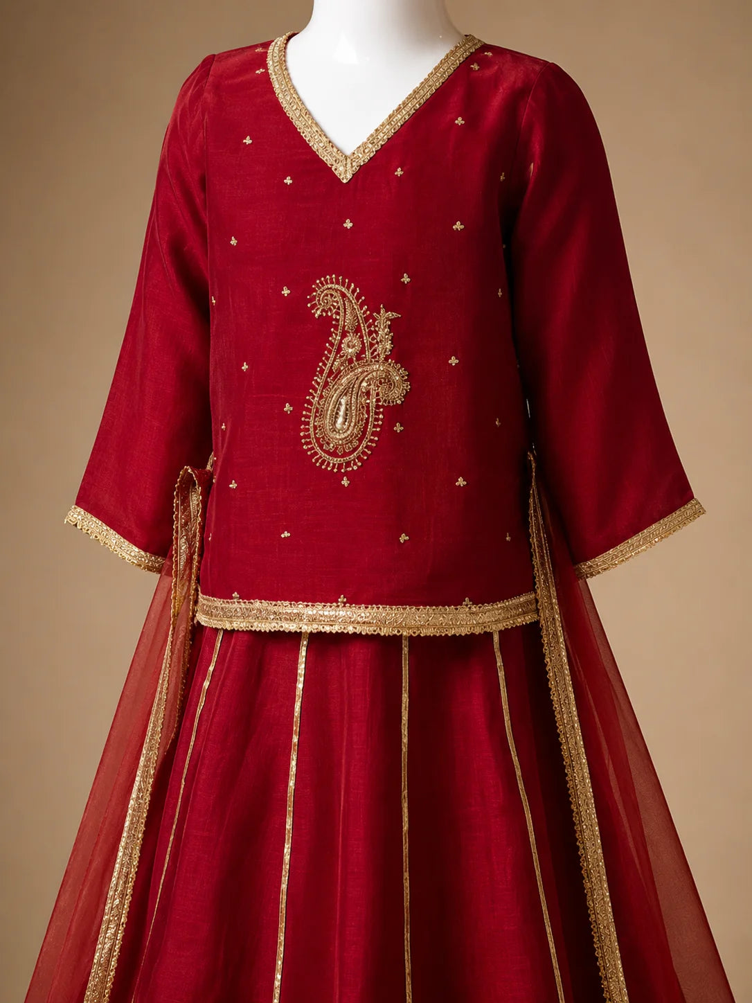 Red embroidered girls lehenga set with kurti and sheer dupatta