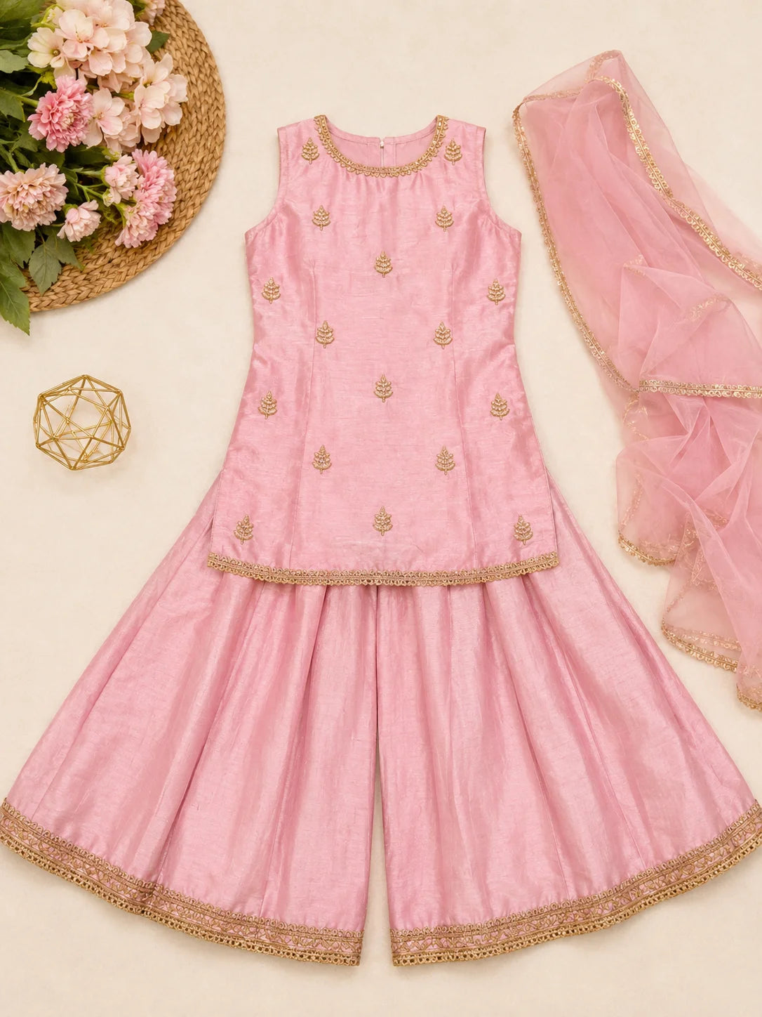 Saanjh Light Pink Sharara Set for Girls with Golden Embroidery and Dupatta