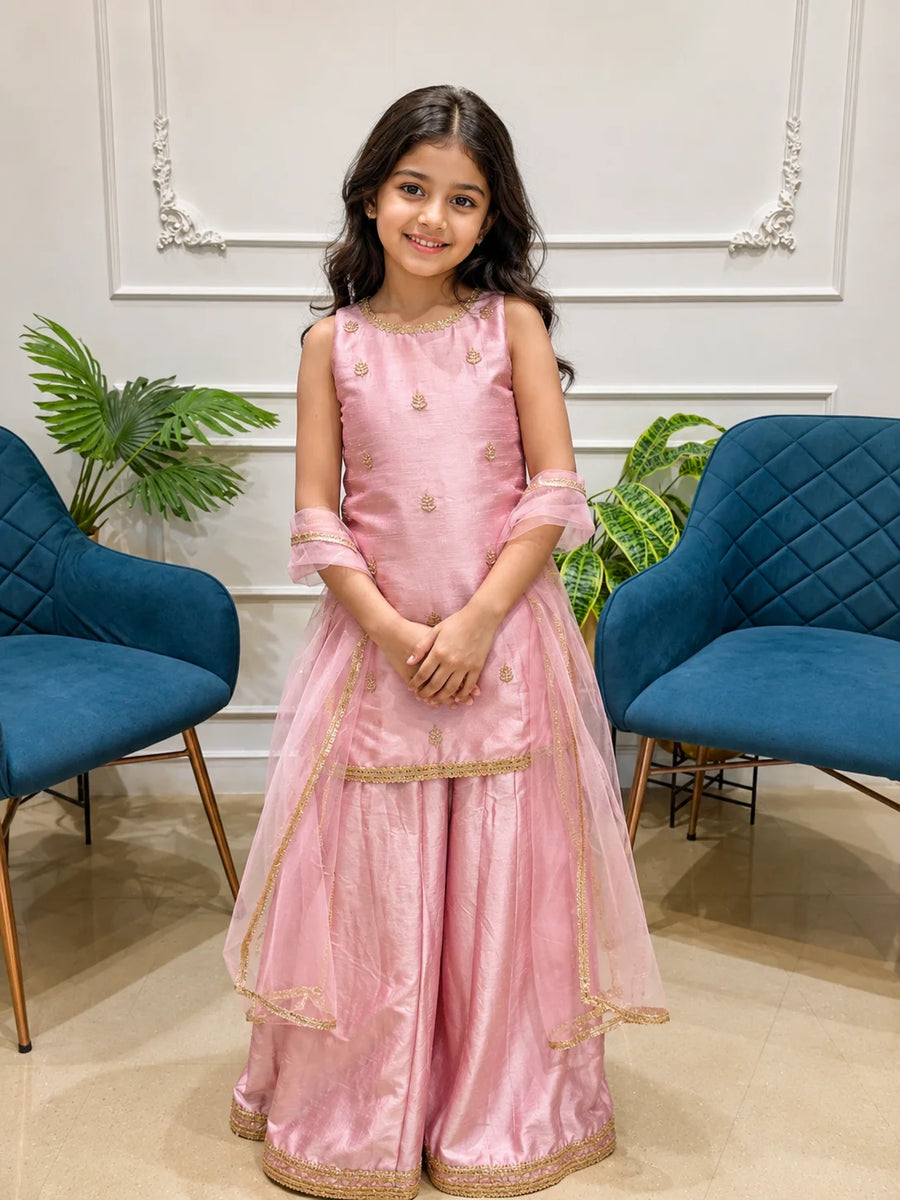 Saanjh Light Pink Sharara Set for Girls with Golden Embroidery and Dupatta