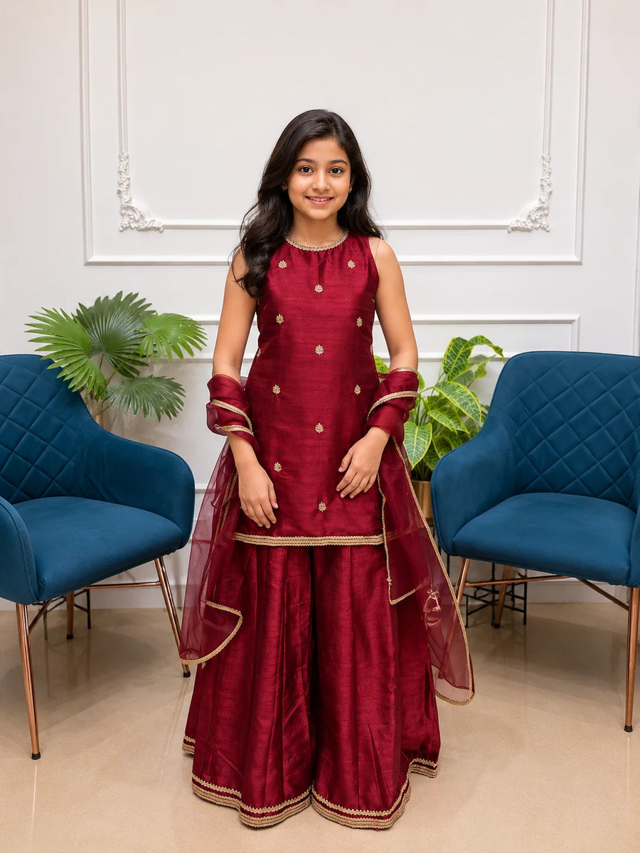 Saanjh Maroon Sharara Set for Girls with Golden Motifs and Dupatta