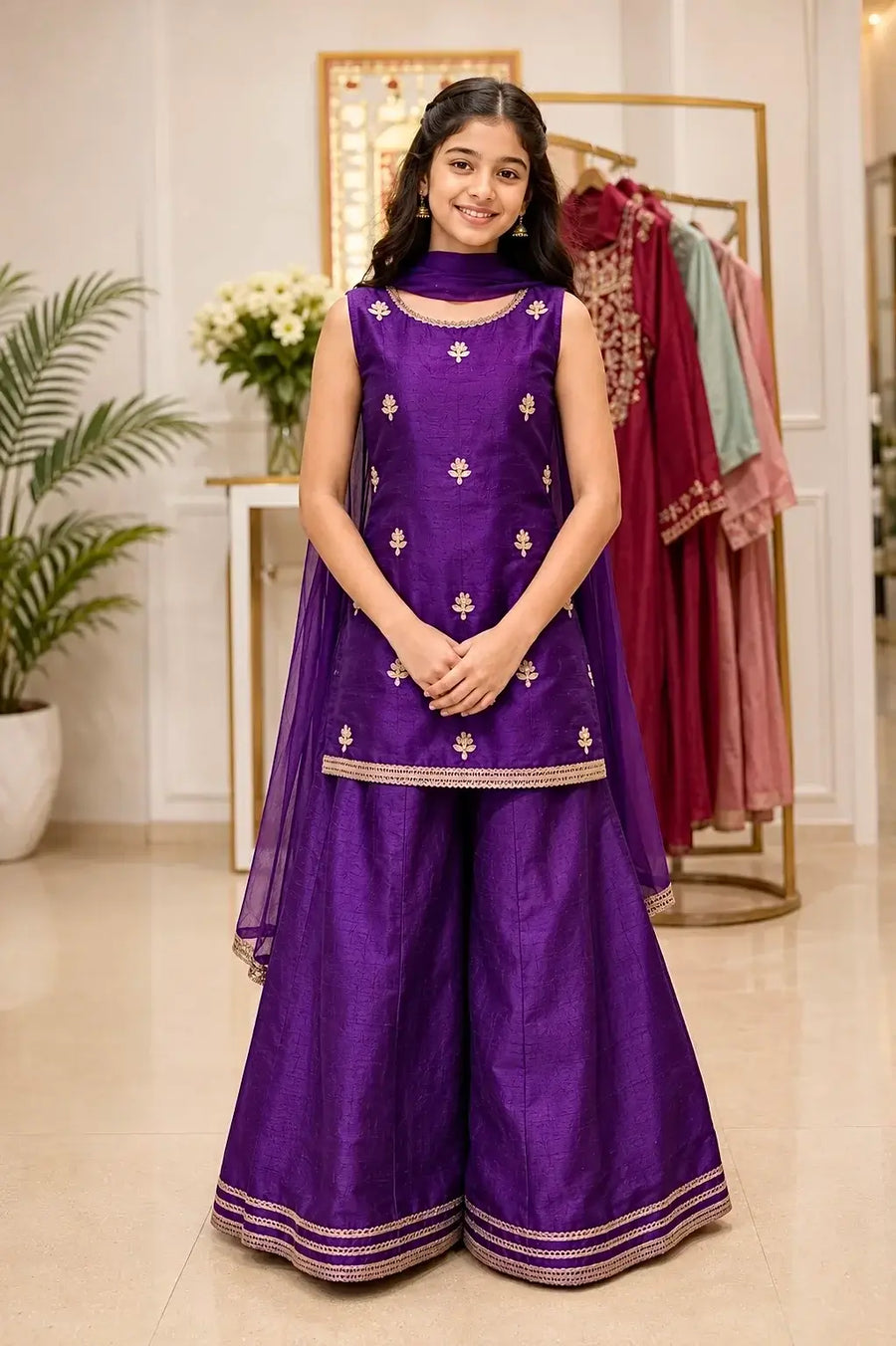 Saanjh Purple Sharara Set for Girls with Golden Floral Motifs and Dupatta