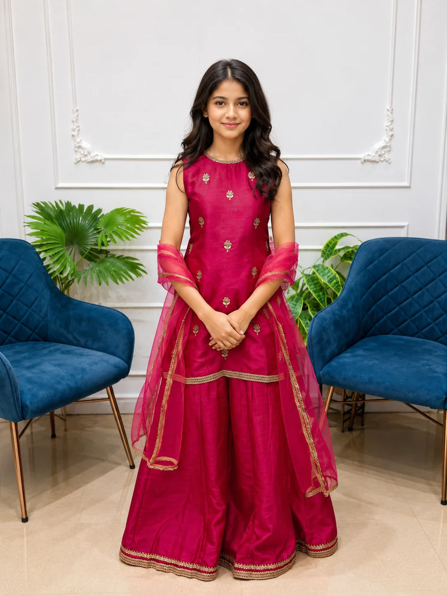 Pink Saanjh Rani Sharara Set by Marwar Roots featuring intricate embroidery and flowing fabric, perfect for festive occasions.