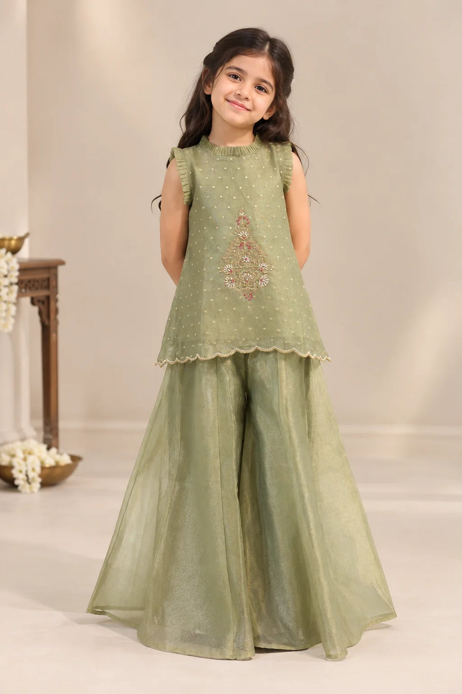 Sage Green Indo-Western Set for Girls by Marwar Rootss