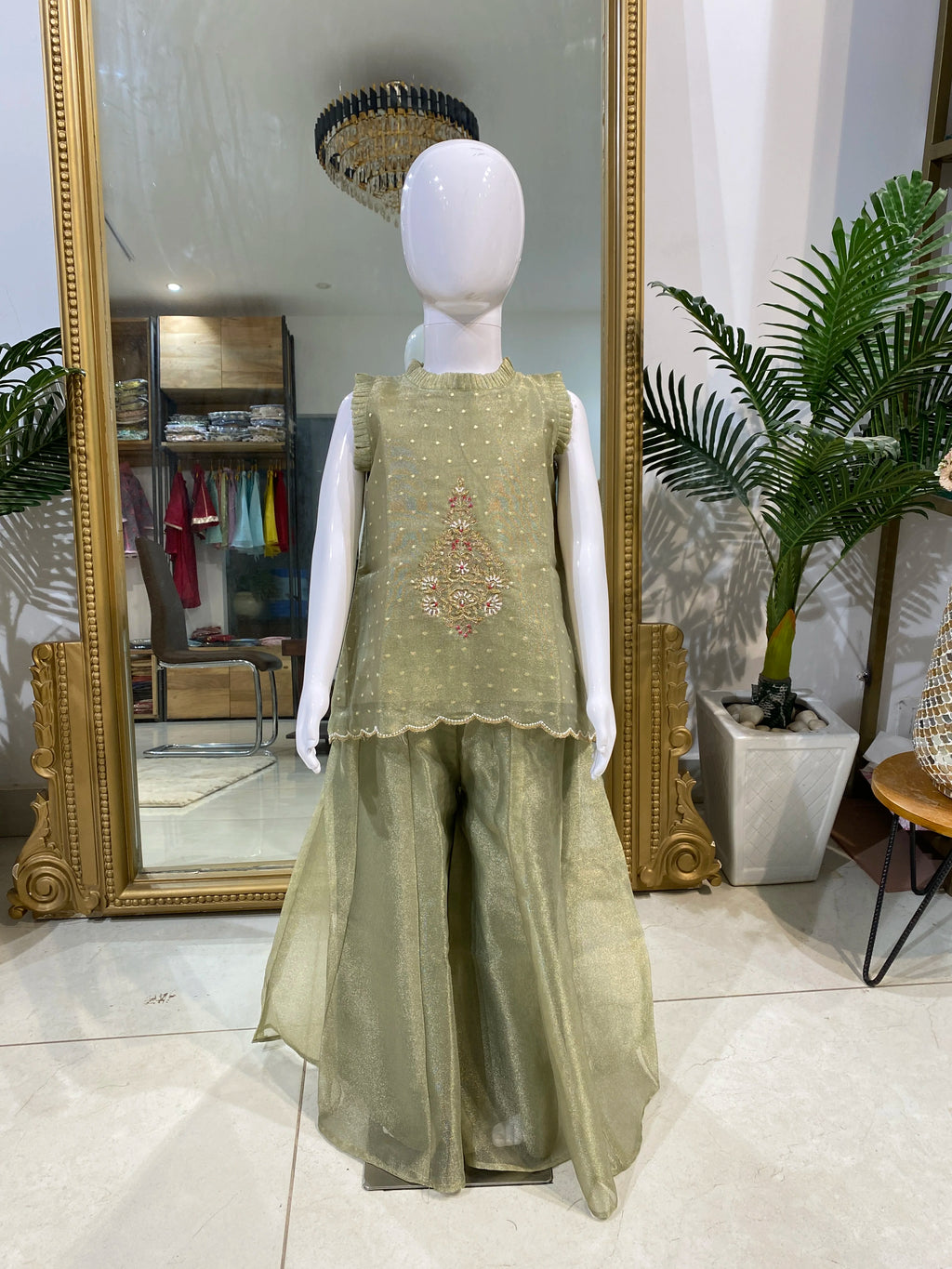 Sage Green Indo-Western Set for Girls by Marwar Rootss