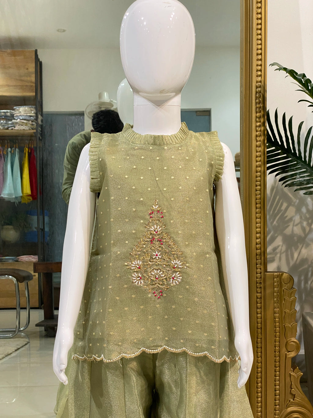 Sage Green Indo-Western Set for Girls by Marwar Rootss