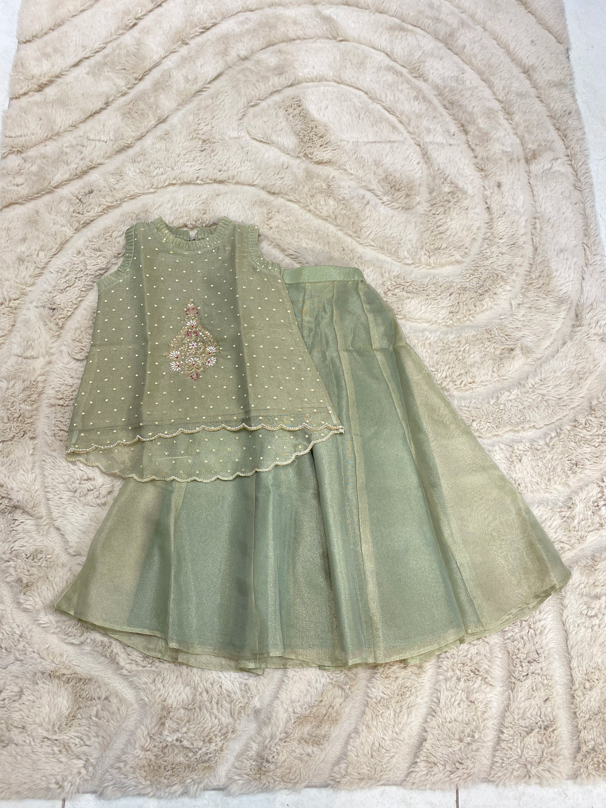Sage Green Indo-Western Set for Girls by Marwar Rootss