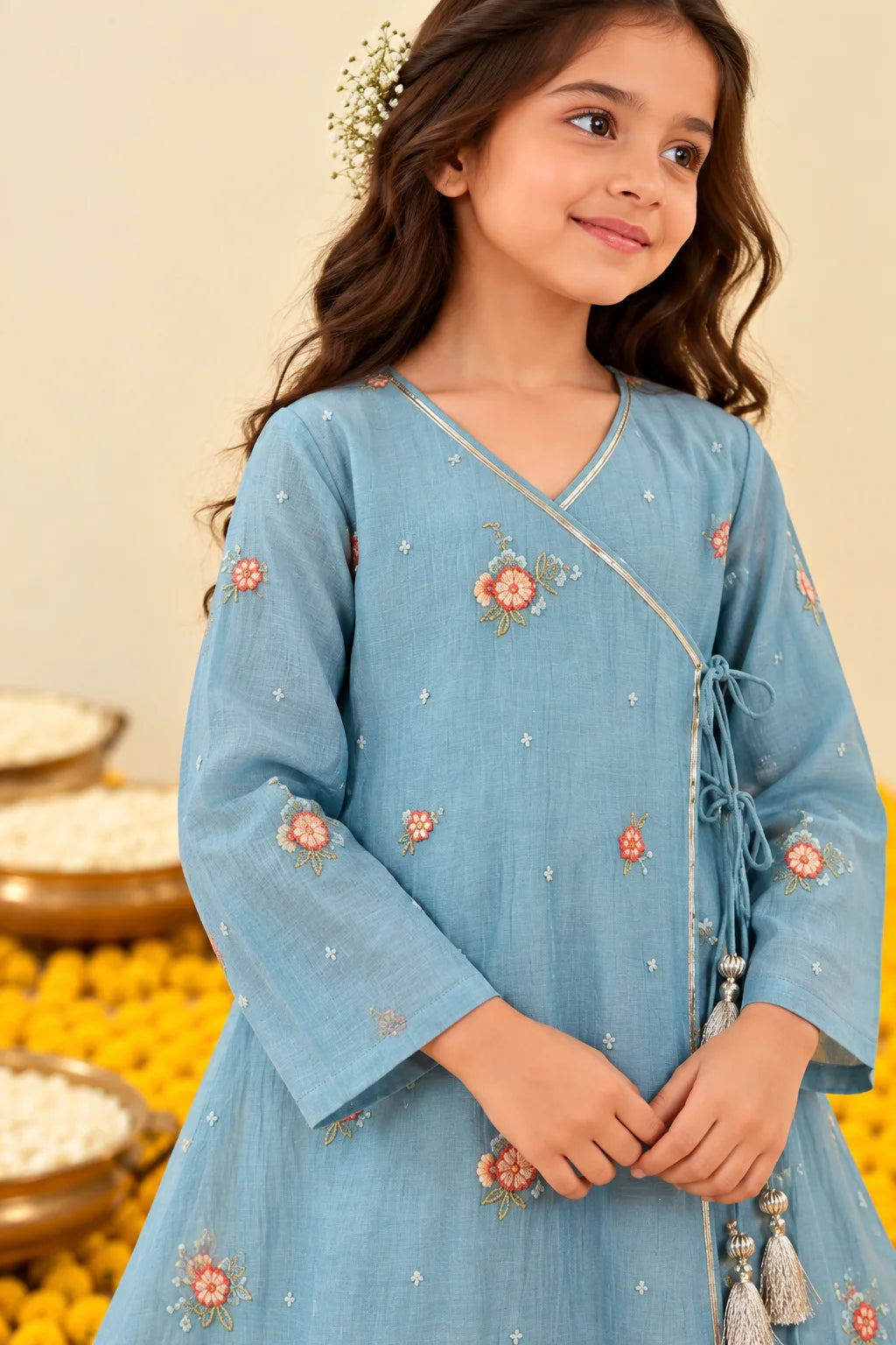Sky Blue Floral Kurta Pant Set