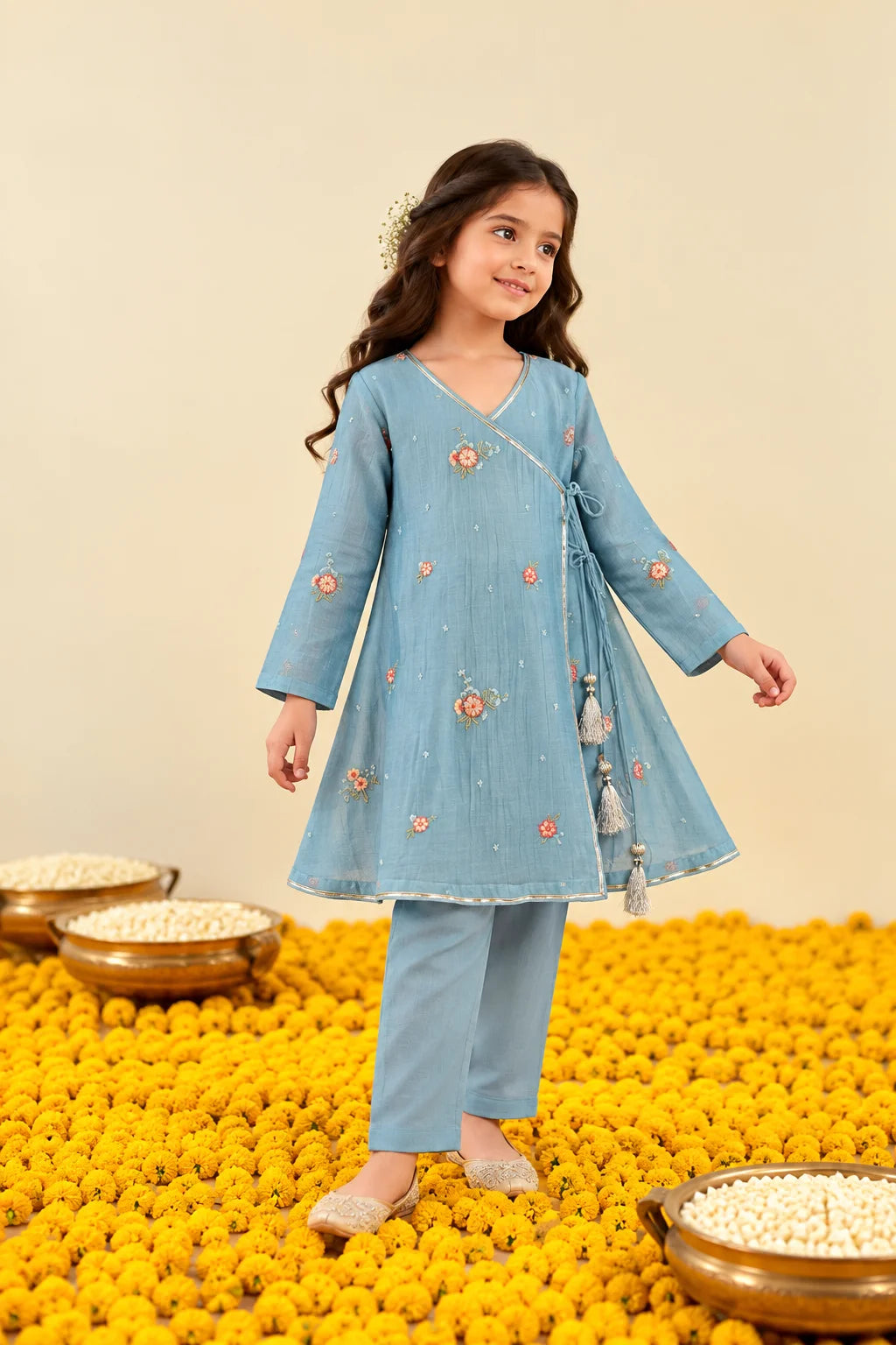 Sky Blue Floral Kurta Pant Set