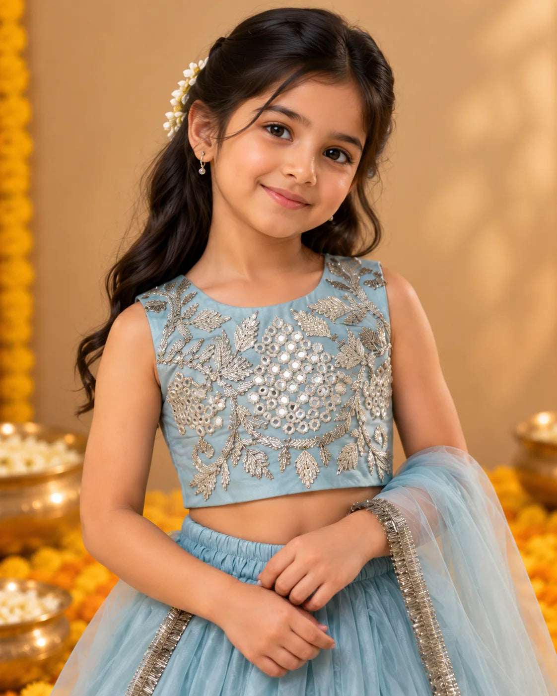 Sky Blue Mirror Work Lehenga Set