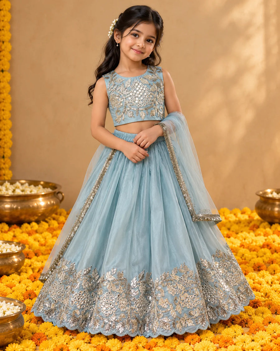 Sky Blue Mirror Work Lehenga Set
