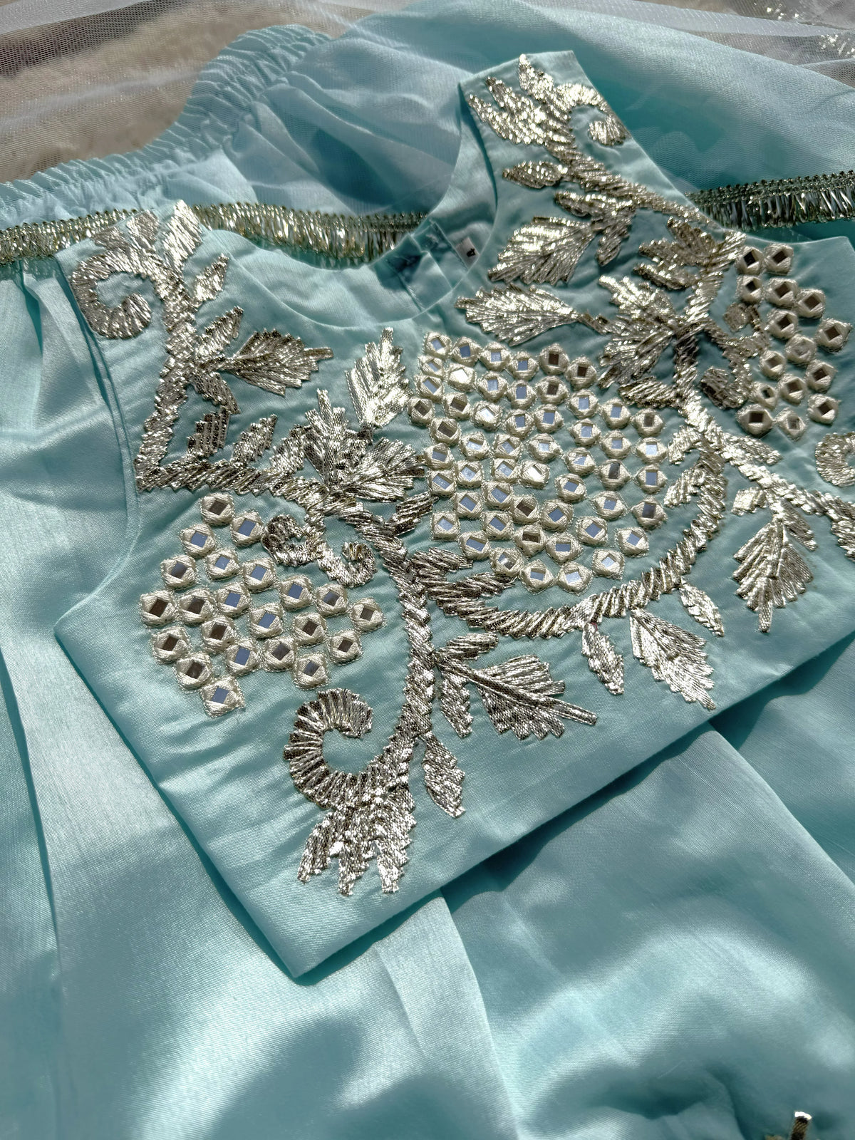 Sky Blue Mirror Work Lehenga Set