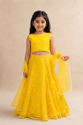 Yellow floral girls lehenga choli set with dupatta and pearl tassel detailing