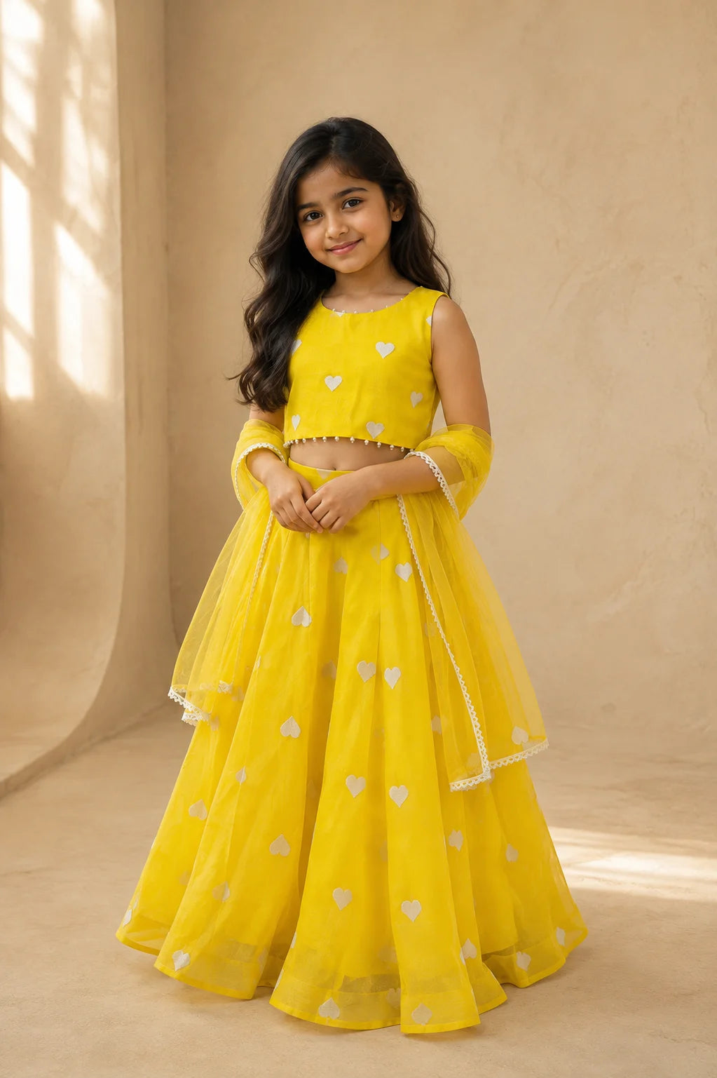 Yellow Heart Lehenga Set by Marwar Roots featuring intricate embroidery, matching dupatta, and traditional festive design.