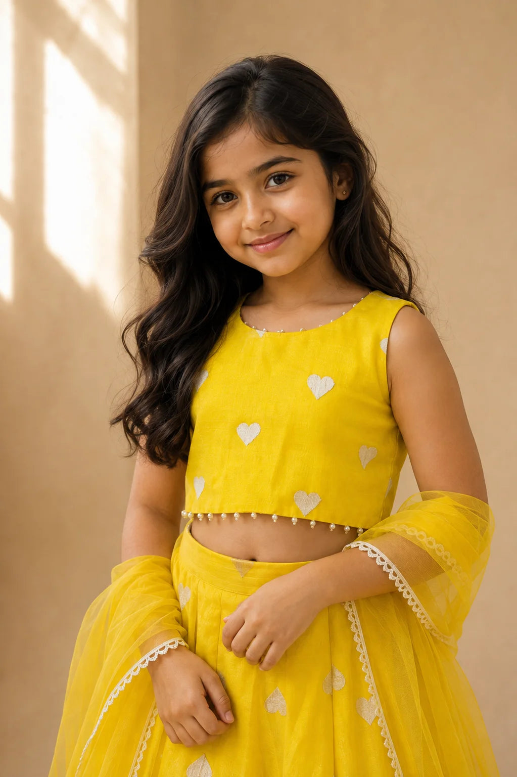 Yellow heart motif Lehenga set by Marwar Roots featuring intricate embroidery and matching dupatta for festive occasions.