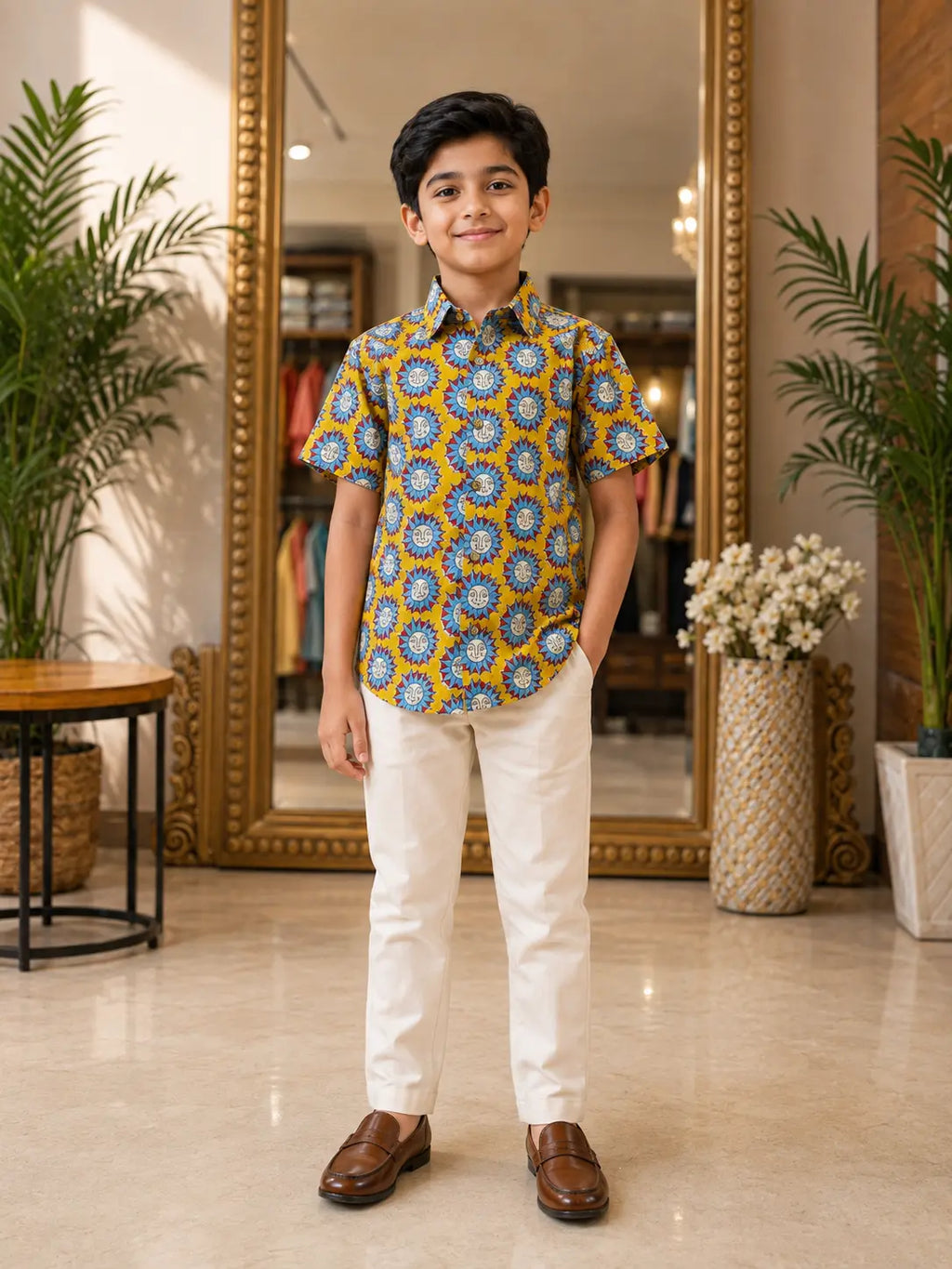 Boy wearing mustard yellow Surya motif printed half sleeve shirt with ivory trousers
