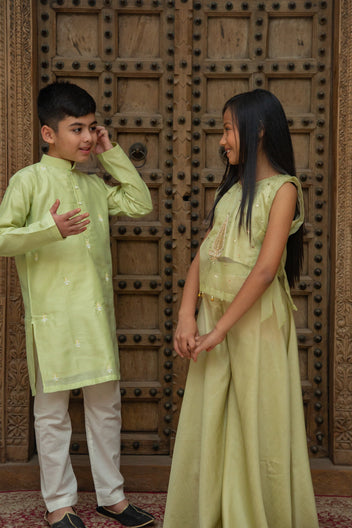 Matching green boy and girl Indo-Western kurta set by Marwar Roots, perfect for twinning and sibling coordination.
