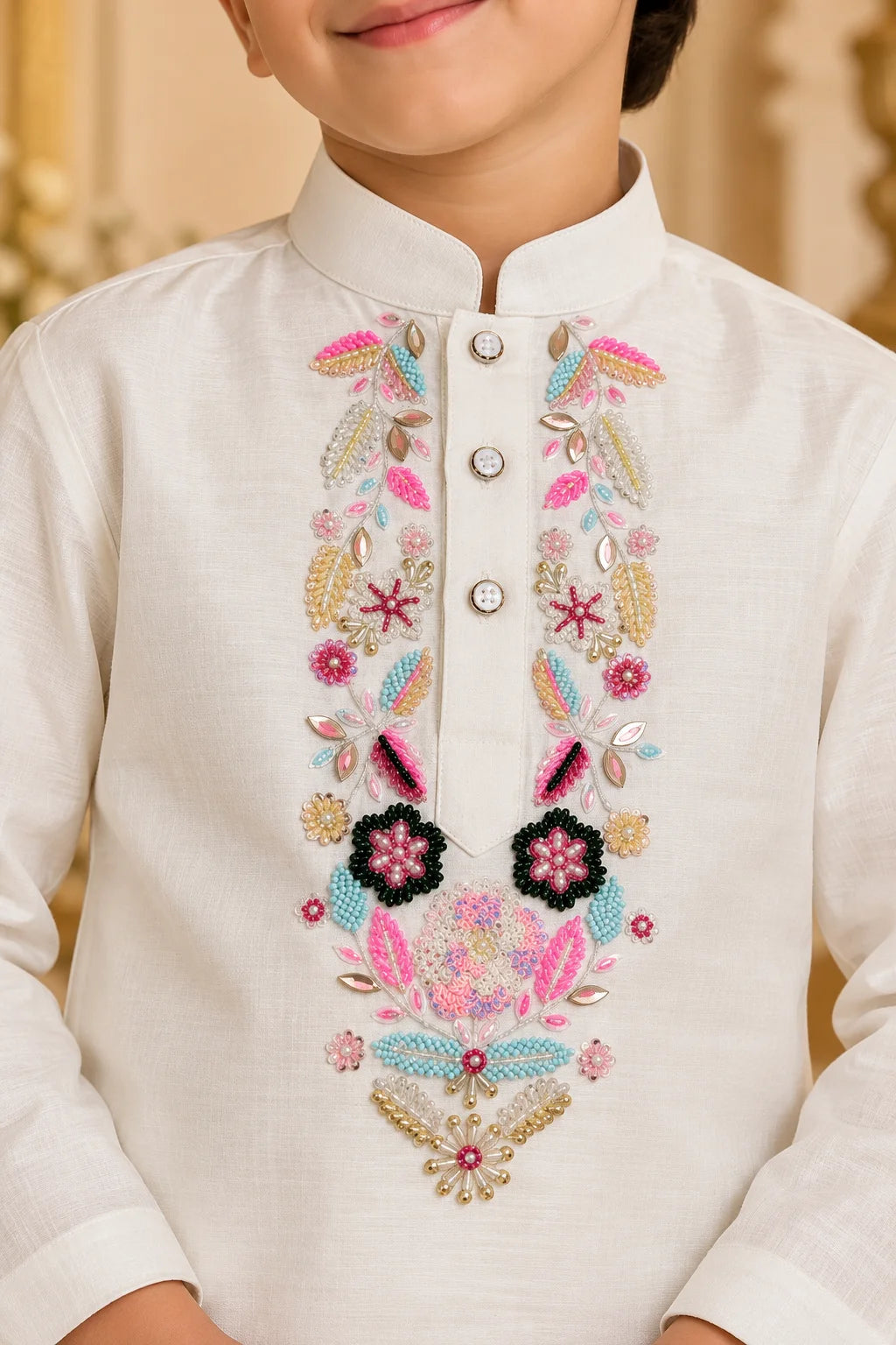 White Floral Handwork Kurta Pant Set