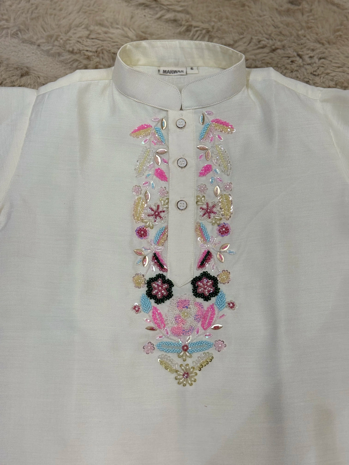 White Floral Handwork Kurta Pant Set
