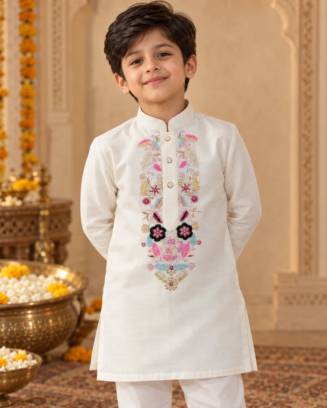White Floral Handwork Kurta Pant Set