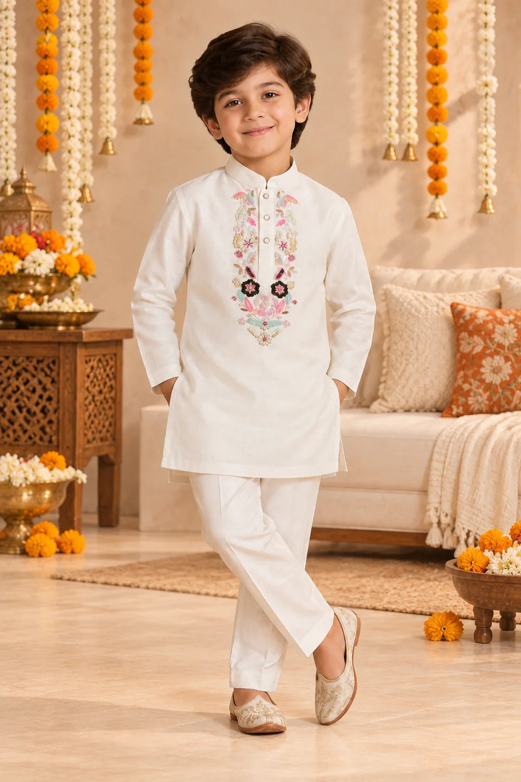 White Floral Handwork Kurta Pant Set