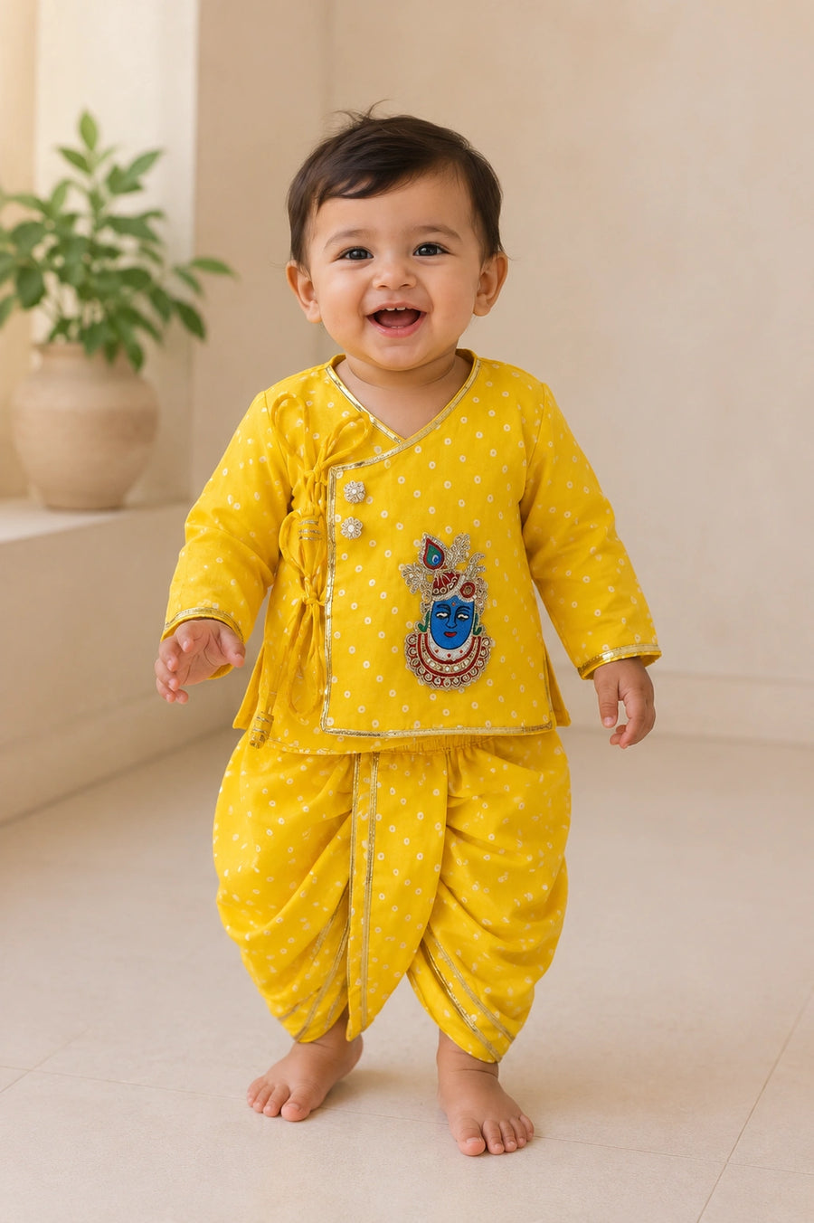 Yellow kids dhoti kurta set featuring a vibrant dotted pattern and embroidery inspired by Lord Krishna.