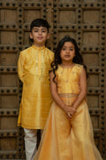 Yellow Indo-Western kurta set with mirror and butti embroidery by Marwar Roots, showcasing vibrant traditional design.