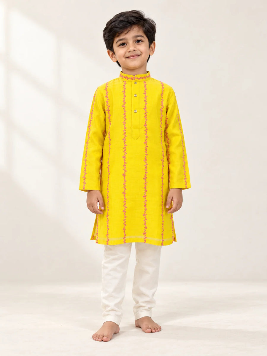 Yellow Mul Chanderi Kurta Pant Set