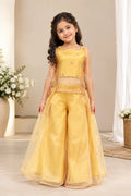 Yellow organza sharara set for girls by Marwar Roots, featuring an orange tie-up indo-western style traditional outfit.